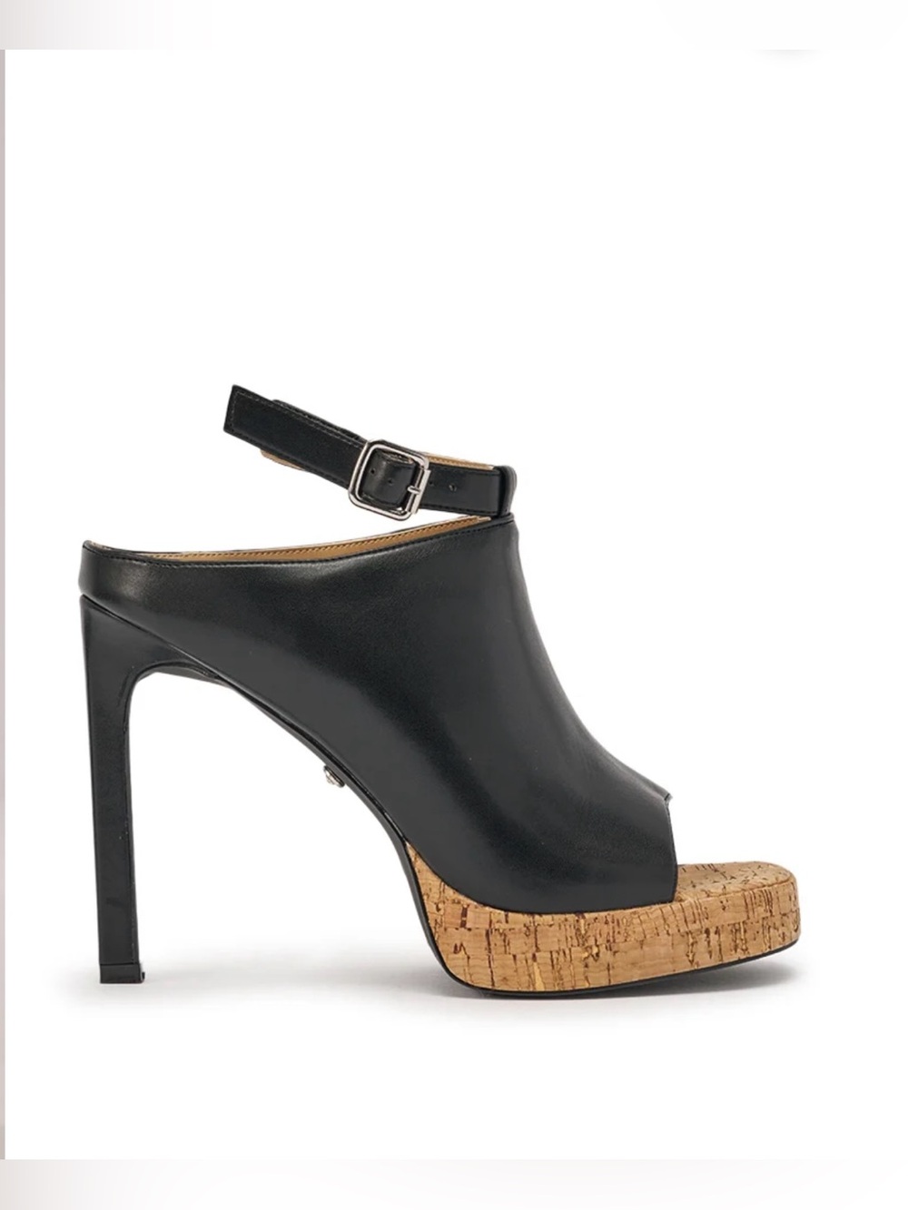 AKIRA Black Leather Cork Platform Slingback Mules